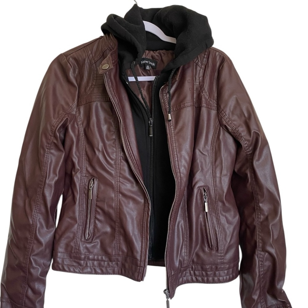 New Look Chocolate Brown Faux Leather Hooded Sweater Collar Rugged Bomber Jacket